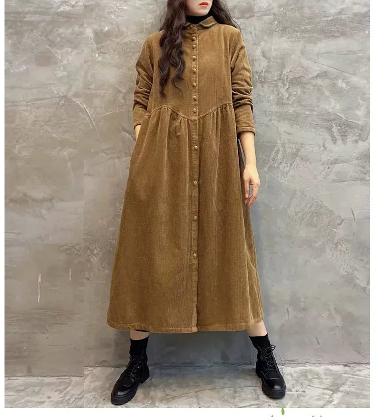 Corduroy Shirt Collar Coat Front Button Gathered Waist