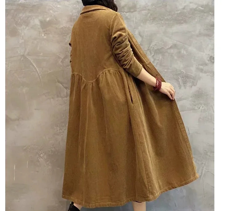 Corduroy Shirt Collar Coat Front Button Gathered Waist