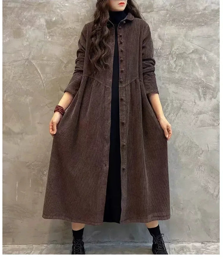 Corduroy Shirt Collar Coat Front Button Gathered Waist