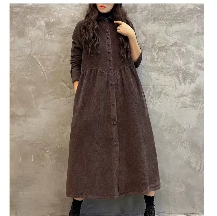 Corduroy Shirt Collar Coat Front Button Gathered Waist