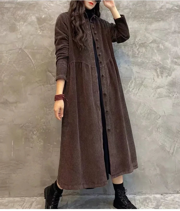 Corduroy Shirt Collar Coat Front Button Gathered Waist