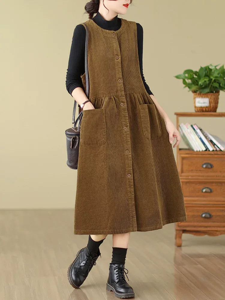 Corduroy Vest Midi Dress with Patch Pockets