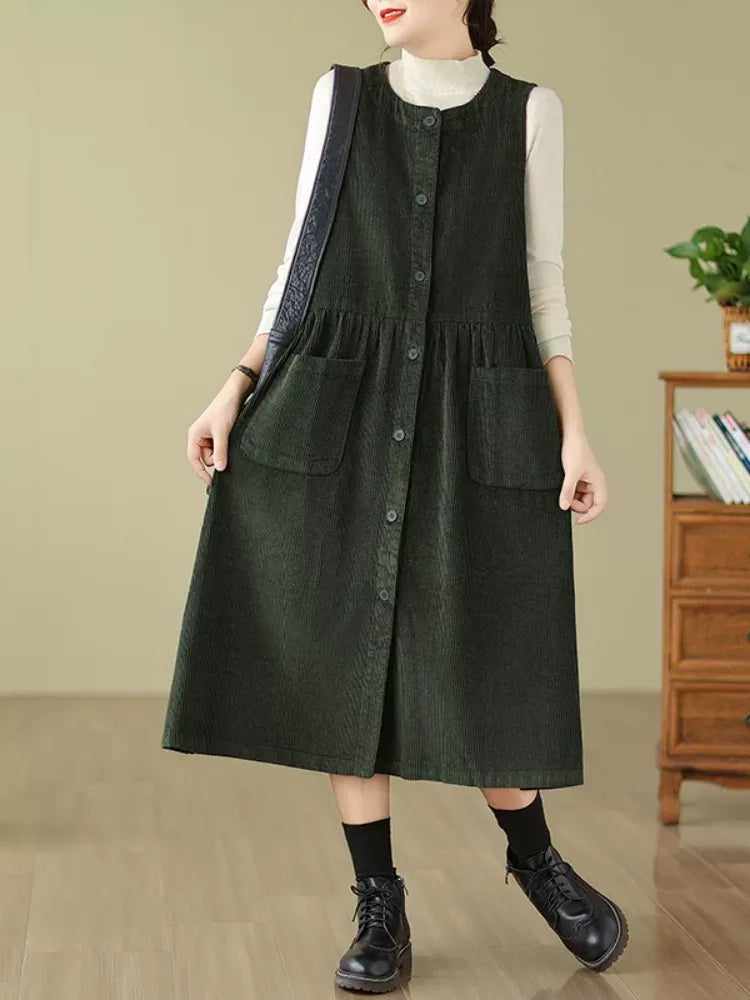 Corduroy Vest Midi Dress with Patch Pockets