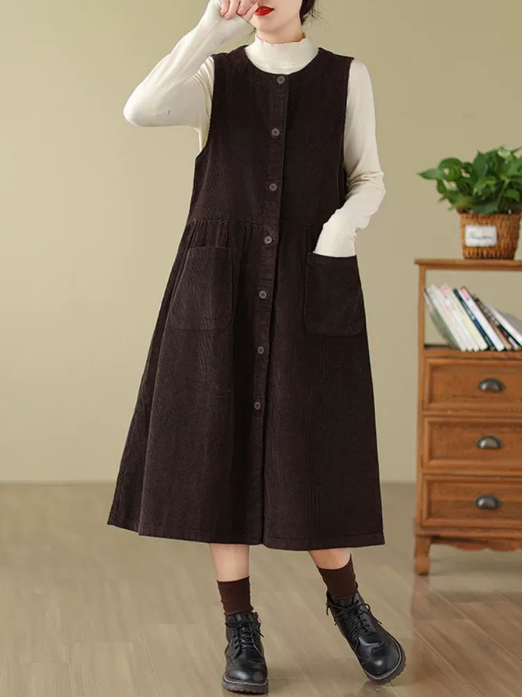 Corduroy Vest Midi Dress with Patch Pockets
