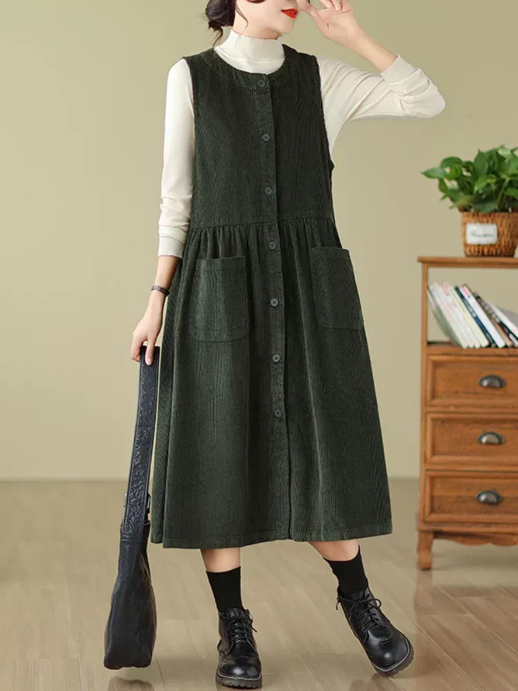 Corduroy Vest Midi Dress with Patch Pockets