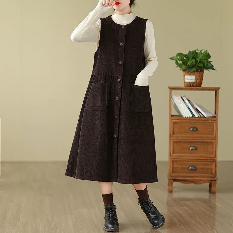 Corduroy Vest Midi Dress with Patch Pockets