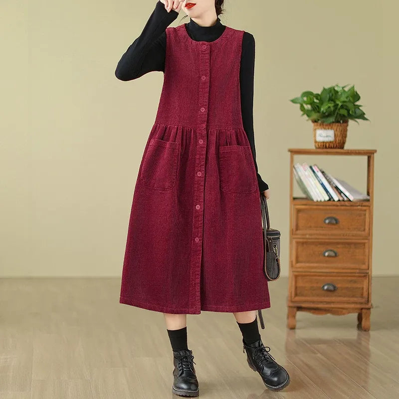 Corduroy Vest Midi Dress with Patch Pockets