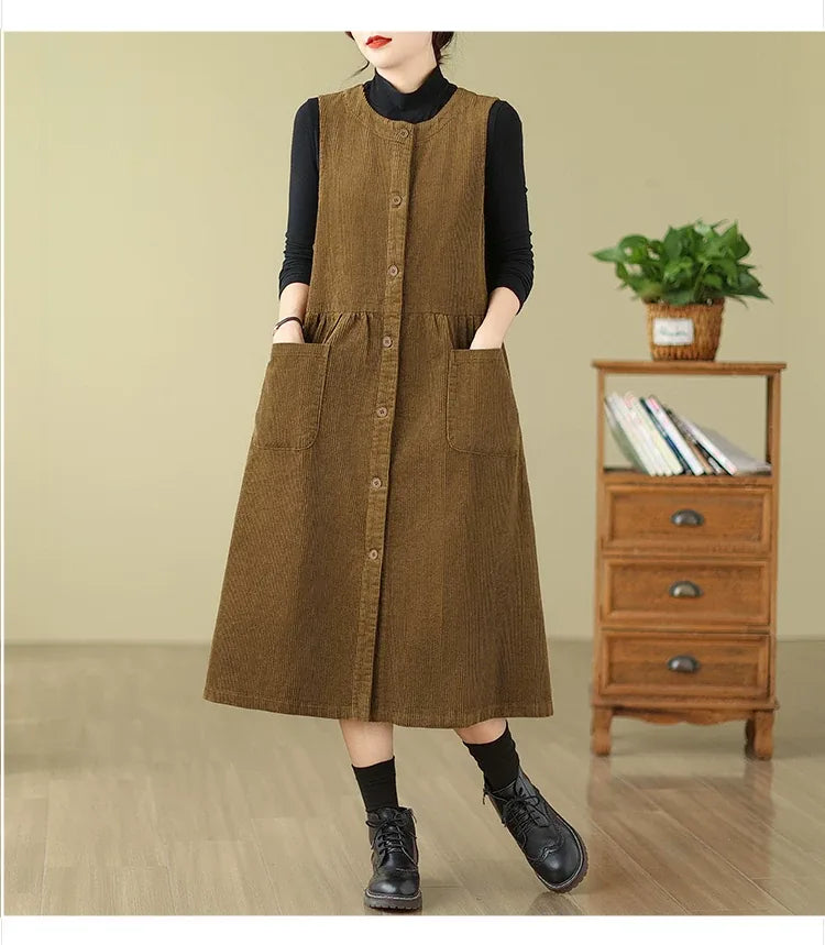 Corduroy Vest Midi Dress with Patch Pockets