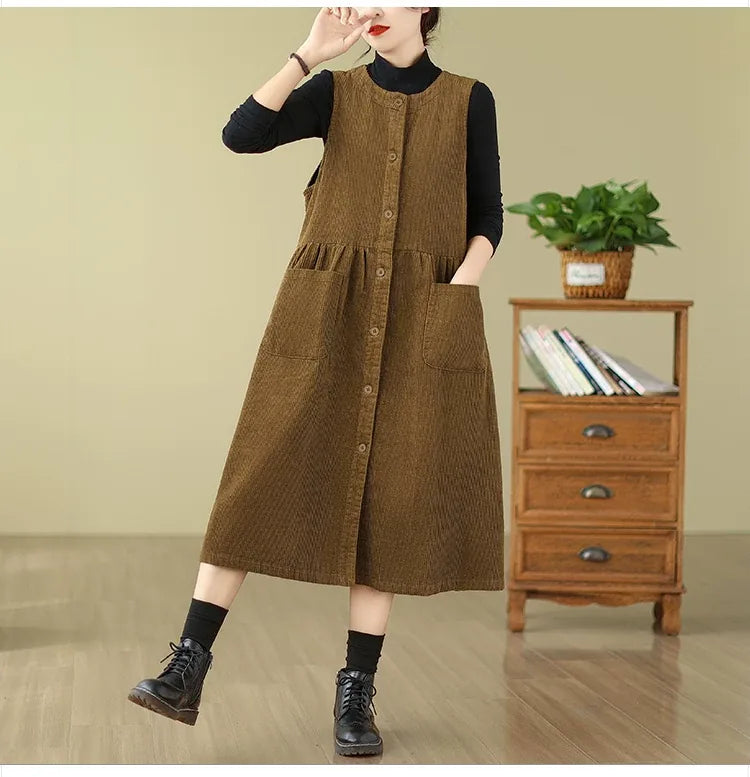 Corduroy Vest Midi Dress with Patch Pockets