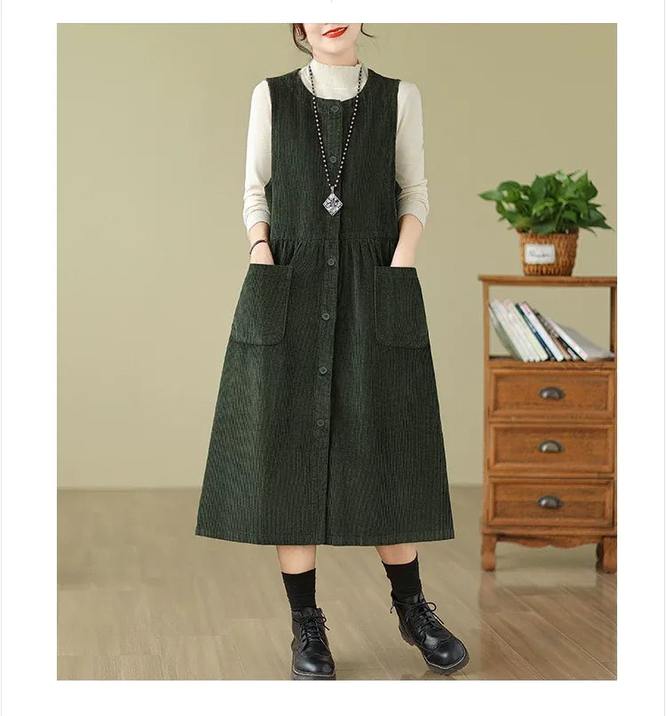 Corduroy Vest Midi Dress with Patch Pockets