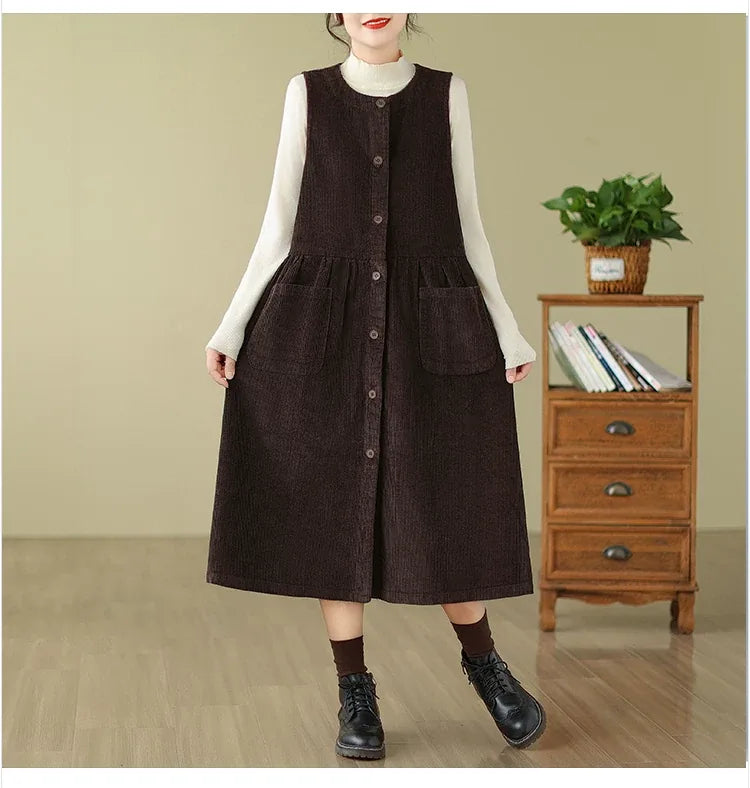 Corduroy Vest Midi Dress with Patch Pockets