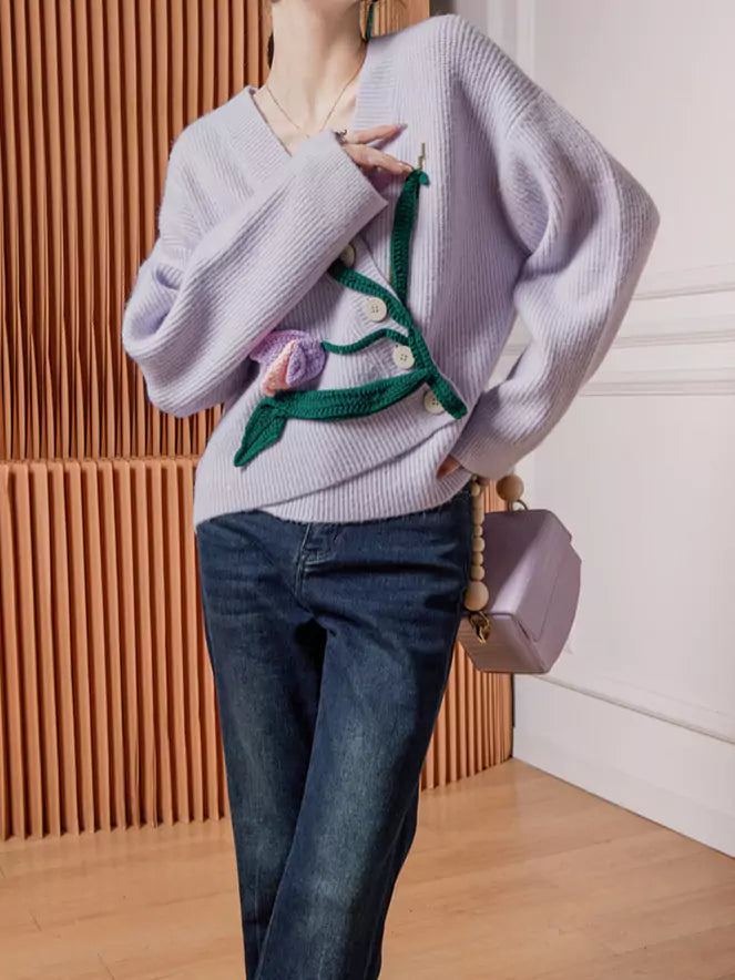 Cottagecore Unique Purple Tulip Crochet Knitted Cardigan