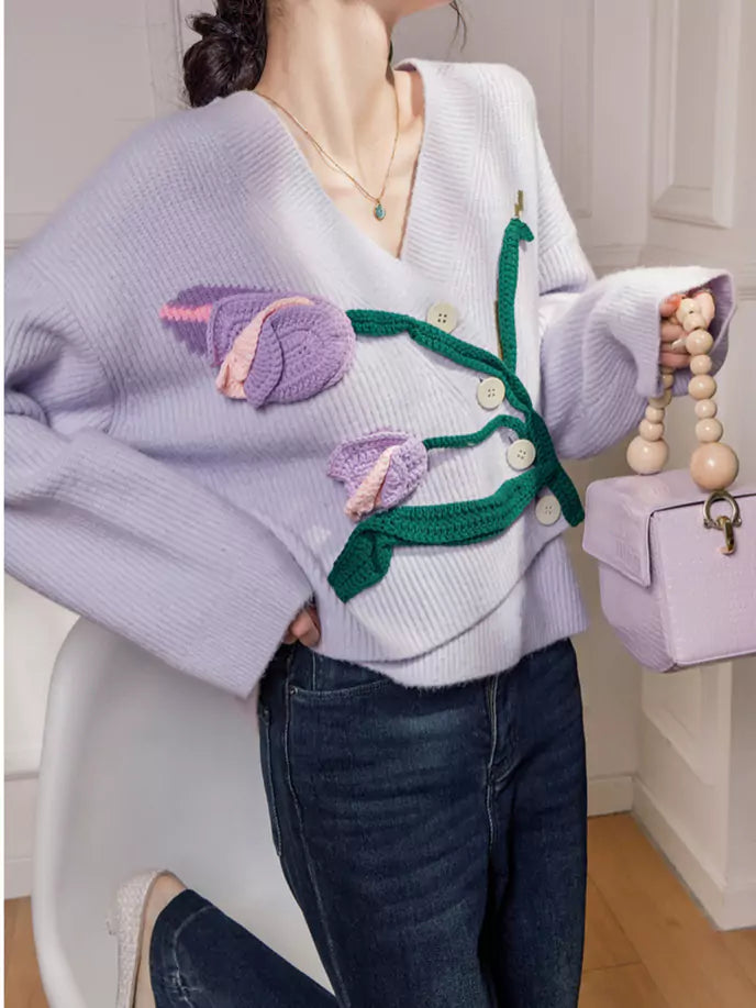 Cottagecore Unique Purple Tulip Crochet Knitted Cardigan