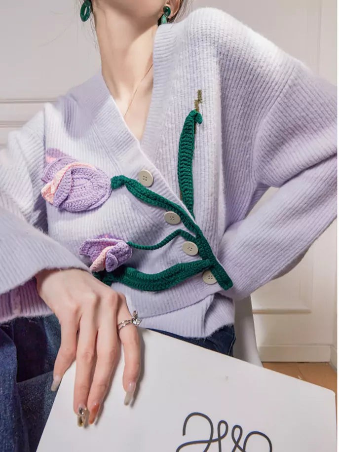 Cottagecore Unique Purple Tulip Crochet Knitted Cardigan