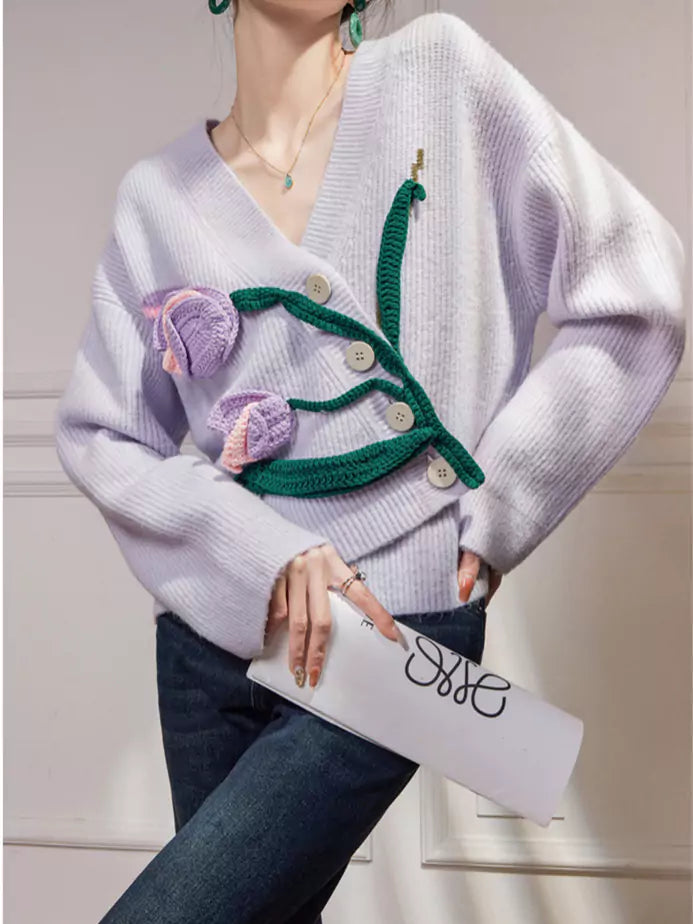 Cottagecore Unique Purple Tulip Crochet Knitted Cardigan