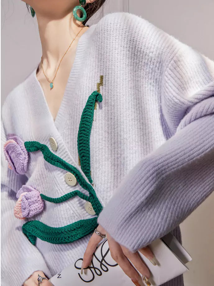 Cottagecore Unique Purple Tulip Crochet Knitted Cardigan
