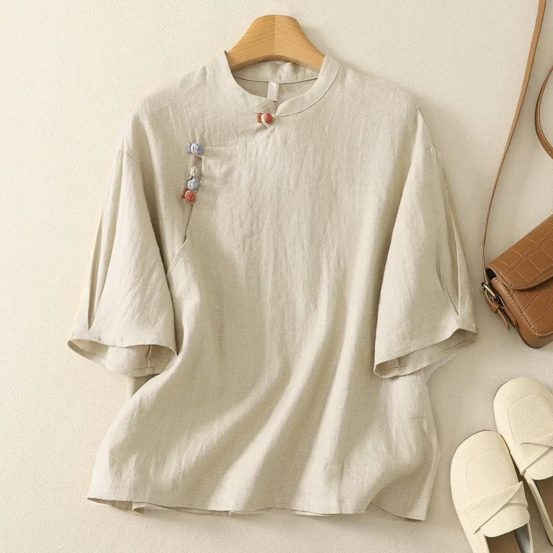 Cotton Linen Half Sleeve Shirt with Asymmetrical Placket - color option view