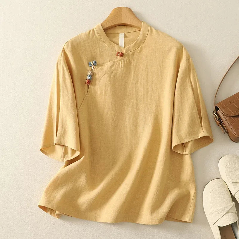 Cotton Linen Half Sleeve Shirt with Asymmetrical Placket - color option view
