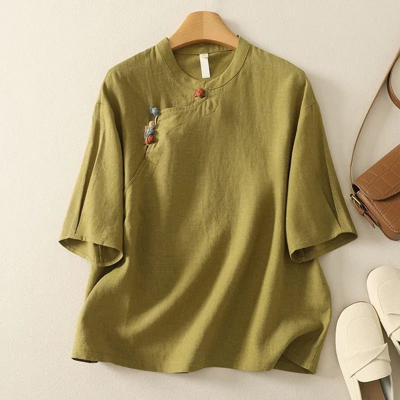 Cotton Linen Half Sleeve Shirt with Asymmetrical Placket - color option view