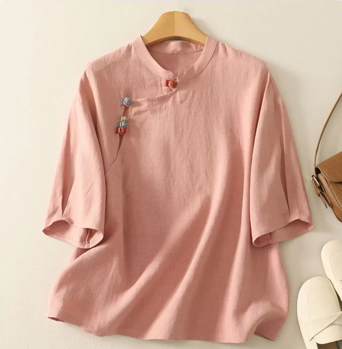 Cotton Linen Half Sleeve Shirt with Asymmetrical Placket - detail view