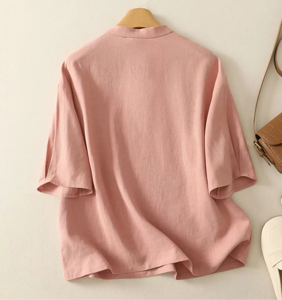 Cotton Linen Half Sleeve Shirt with Asymmetrical Placket - detail view