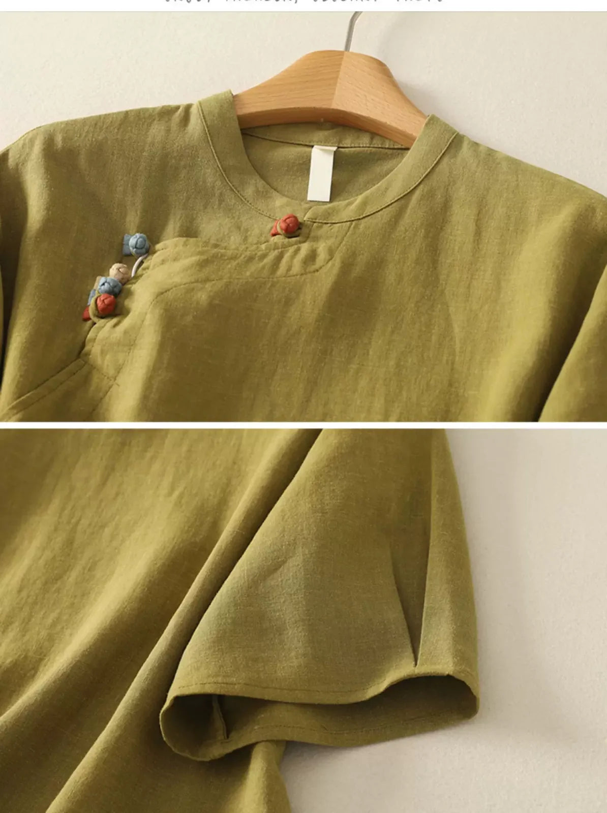 Cotton Linen Half Sleeve Shirt with Asymmetrical Placket - detail view
