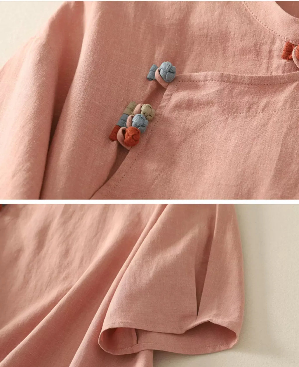 Cotton Linen Half Sleeve Shirt with Asymmetrical Placket - detail view
