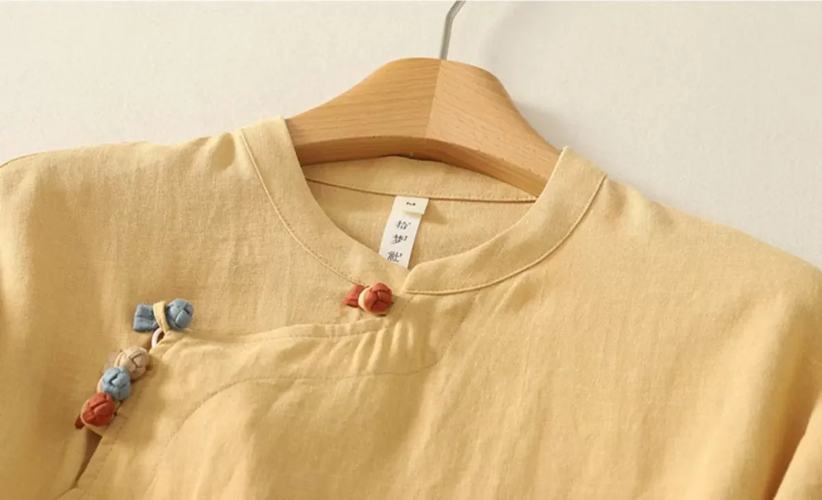 Cotton Linen Half Sleeve Shirt with Asymmetrical Placket - detail view