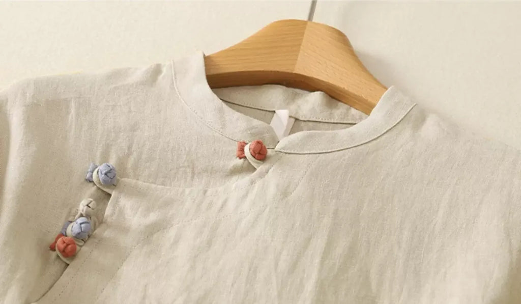 Cotton Linen Half Sleeve Shirt with Asymmetrical Placket - detail view