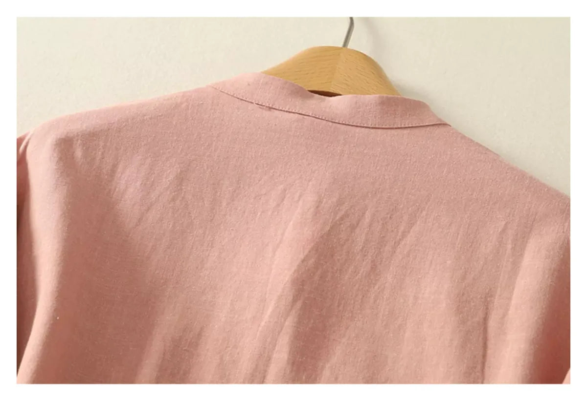 Cotton Linen Half Sleeve Shirt with Asymmetrical Placket - detail view