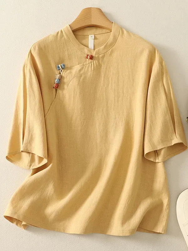 Cotton Linen Half Sleeve Shirt with Asymmetrical Placket - main product image