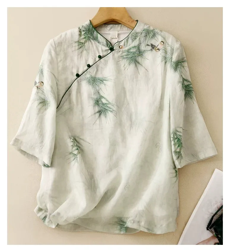 Cotton Linen Half Sleeve Shirt with Bamboo Bird Print - detail view