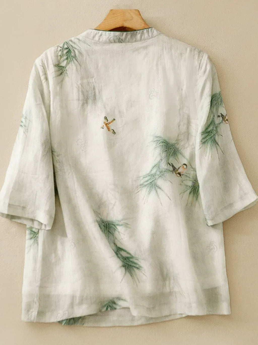 Cotton Linen Half Sleeve Shirt with Bamboo Bird Print - product view view