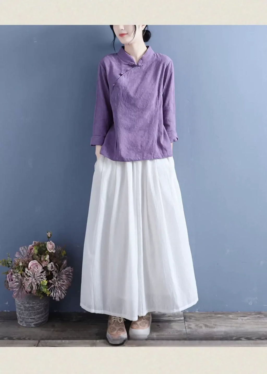 Cotton Linen Long Sleeve Shirt with Decorative Knot Detail - detail view