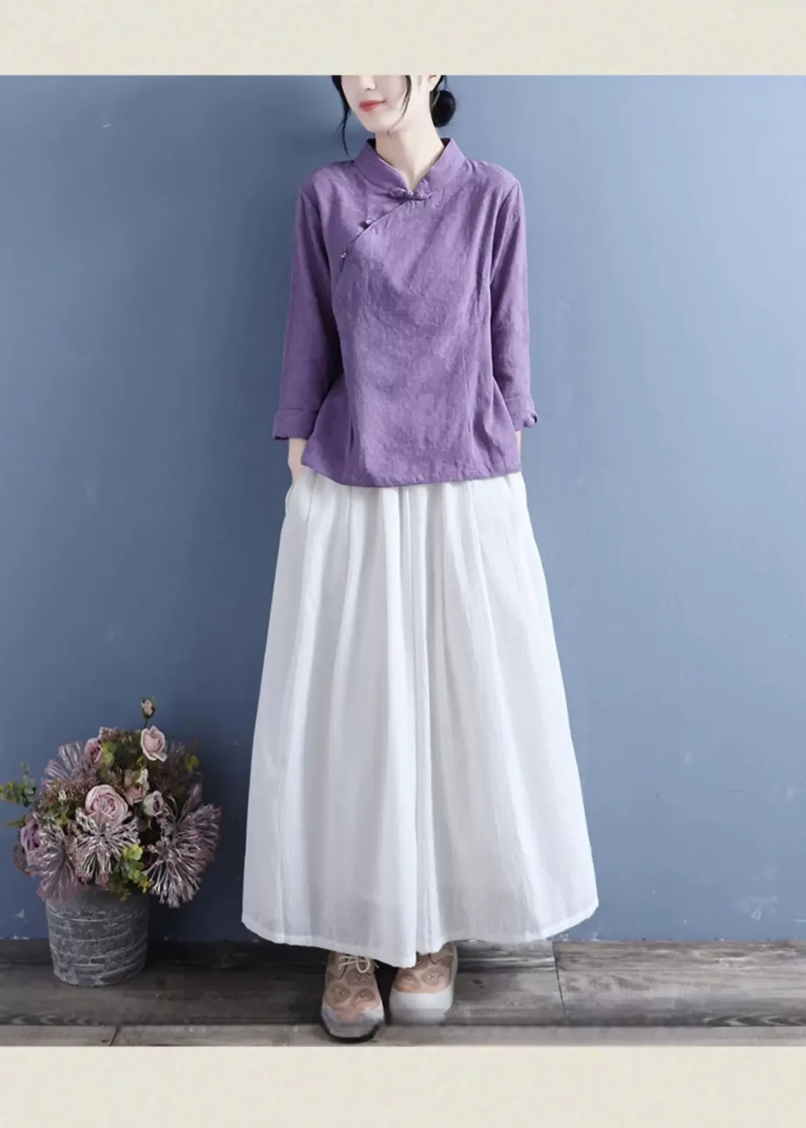 Cotton Linen Long Sleeve Shirt with Decorative Knot Detail - detail view