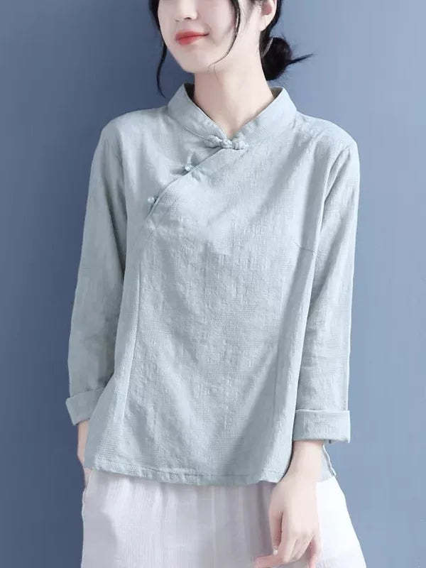 Cotton Linen Long Sleeve Shirt with Decorative Knot Detail - main product image