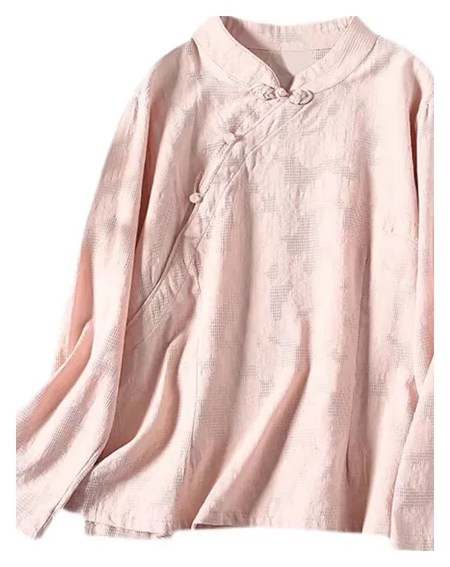 Cotton Linen Long Sleeve Shirt with Decorative Knot Detail - product view view