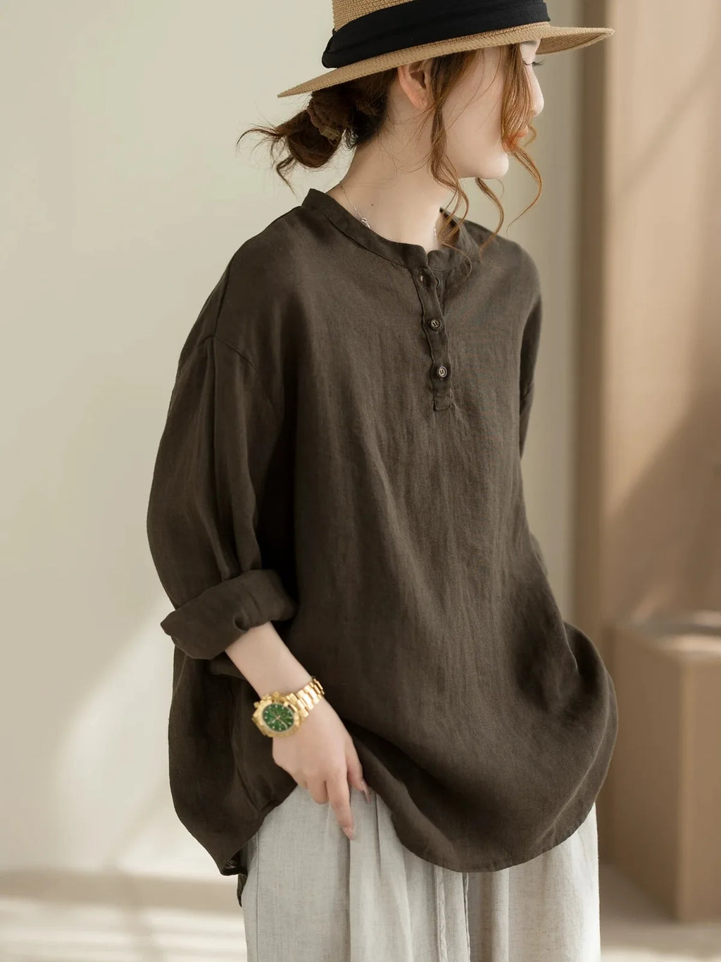 Cotton Linen Long Sleeve Shirt with Round Neck and Button Placket - main product image - unknown