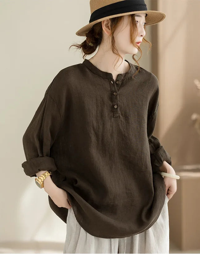 Cotton Linen Long Sleeve Shirt with Round Neck and Button Placket - product image 3 - unknown