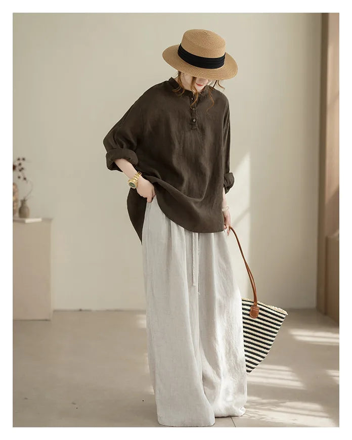 Cotton Linen Long Sleeve Shirt with Round Neck and Button Placket - product image 4 - unknown