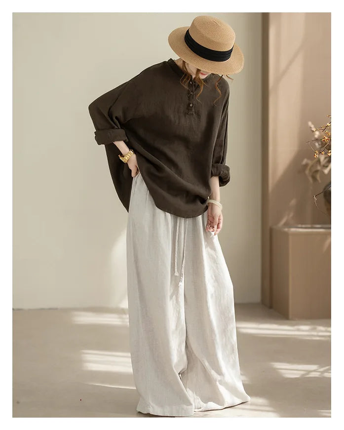 Cotton Linen Long Sleeve Shirt with Round Neck and Button Placket - product image 5 - unknown