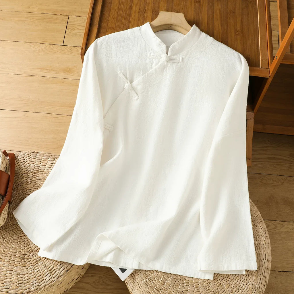 Cotton Linen Mandarin Collar Frog Button Shirt