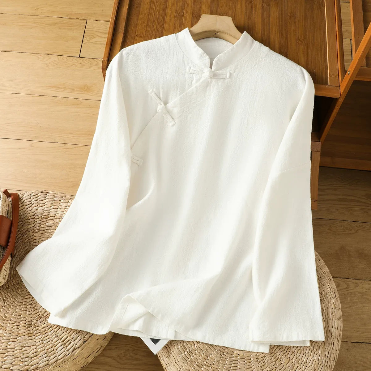 Cotton Linen Mandarin Collar Frog Button Shirt