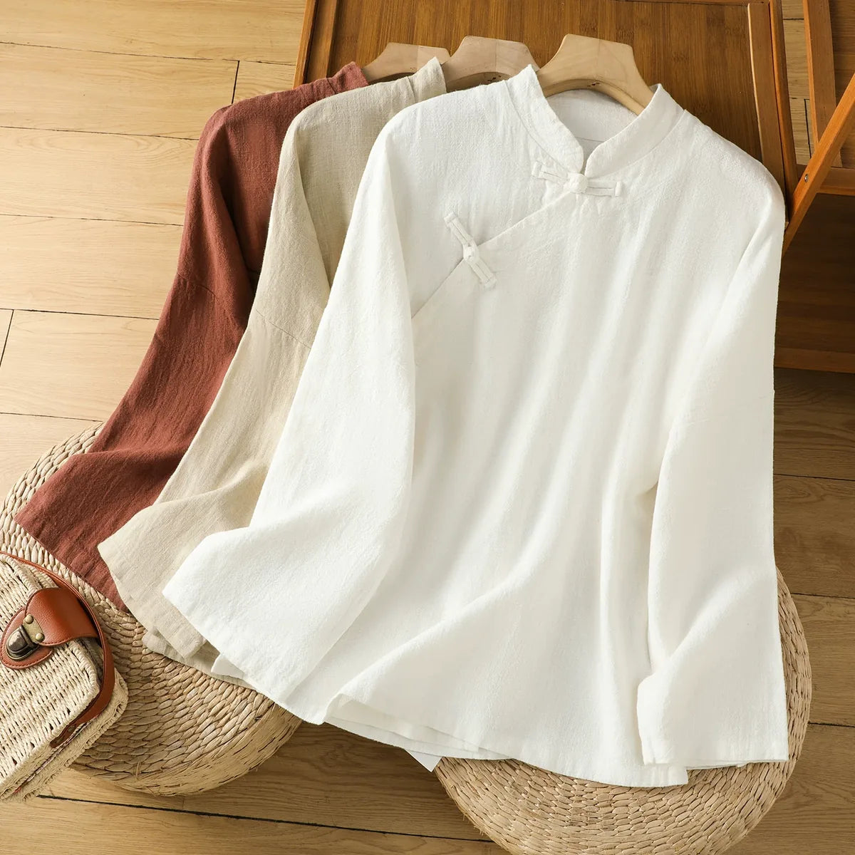 Cotton Linen Mandarin Collar Frog Button Shirt
