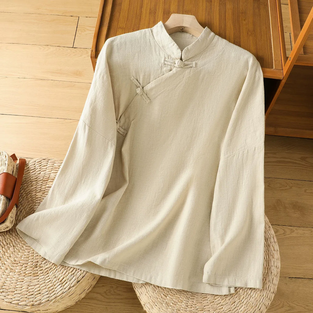 Cotton Linen Mandarin Collar Frog Button Shirt