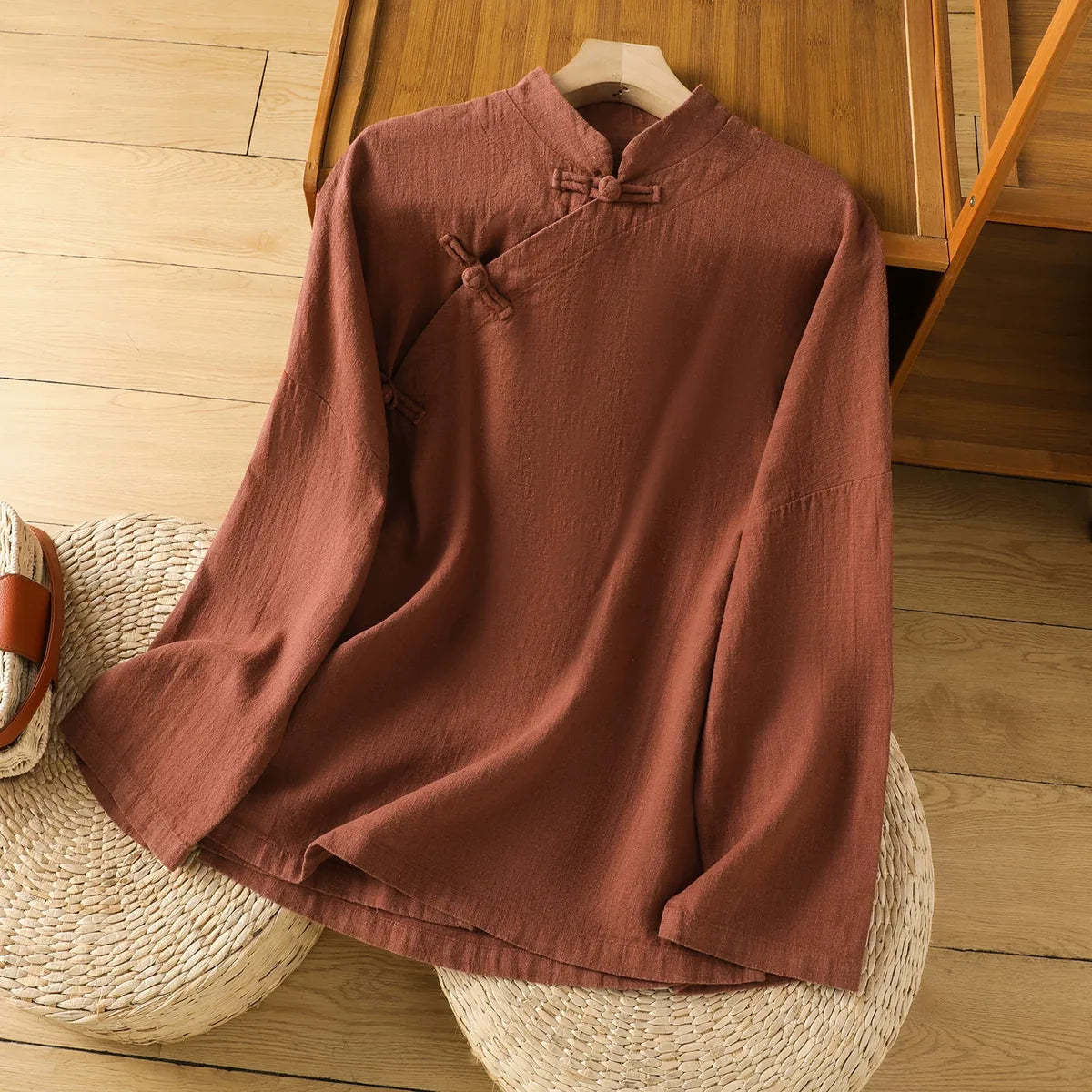 Cotton Linen Mandarin Collar Frog Button Shirt