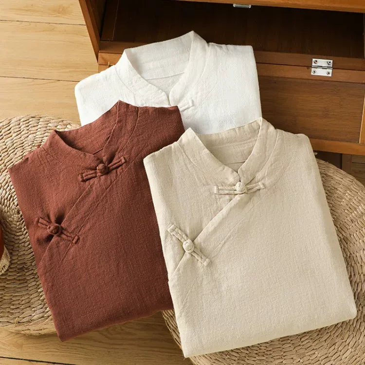 Cotton Linen Mandarin Collar Frog Button Shirt