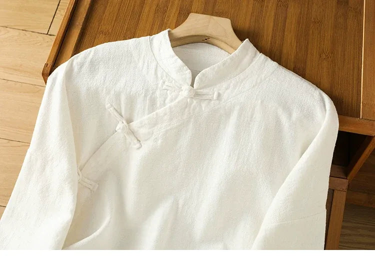 Cotton Linen Mandarin Collar Frog Button Shirt