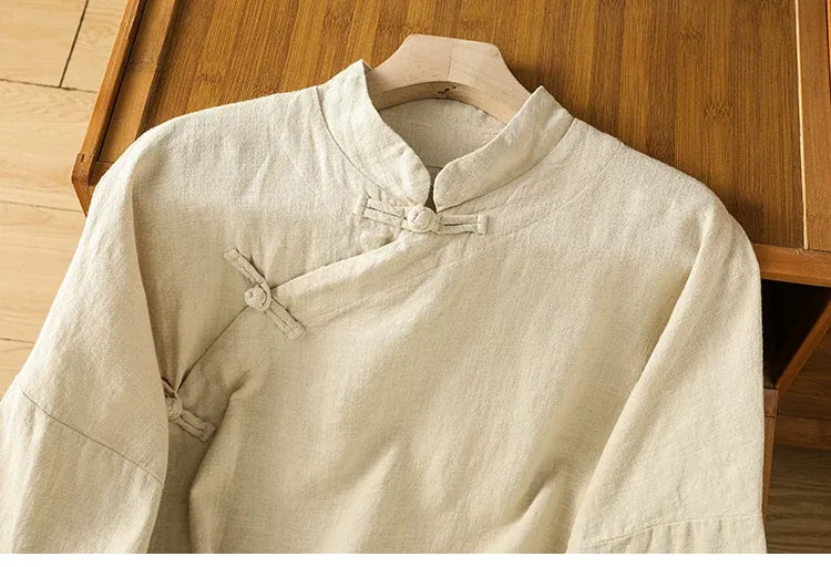 Cotton Linen Mandarin Collar Frog Button Shirt