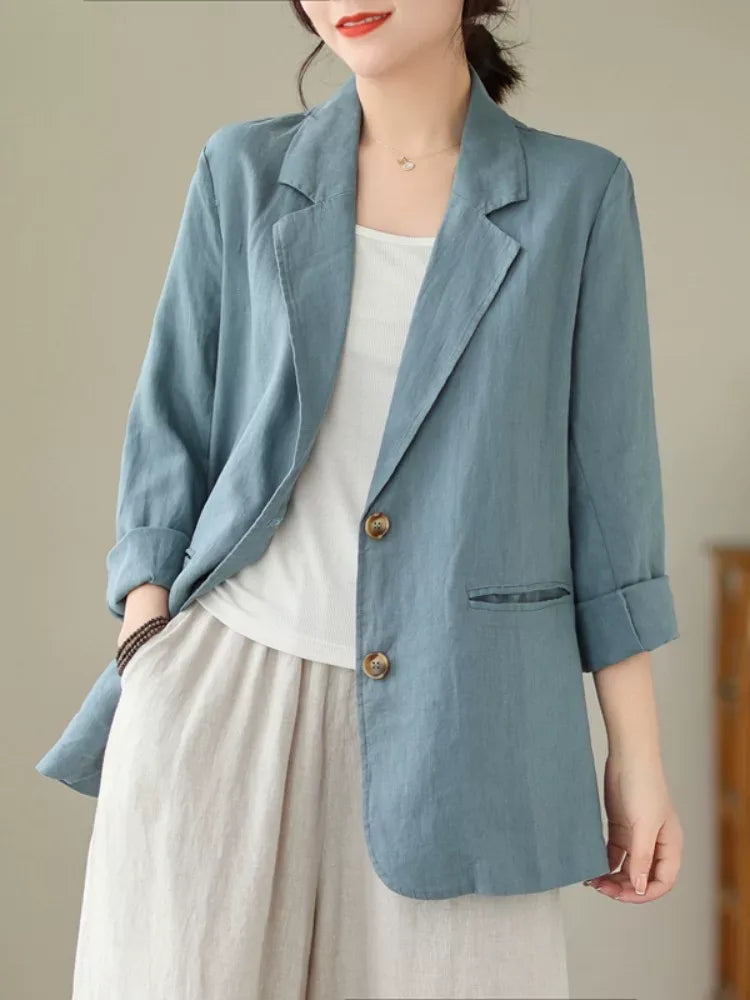 Cotton Linen Notched Lapel Blazer with Roll-Up Sleeves
